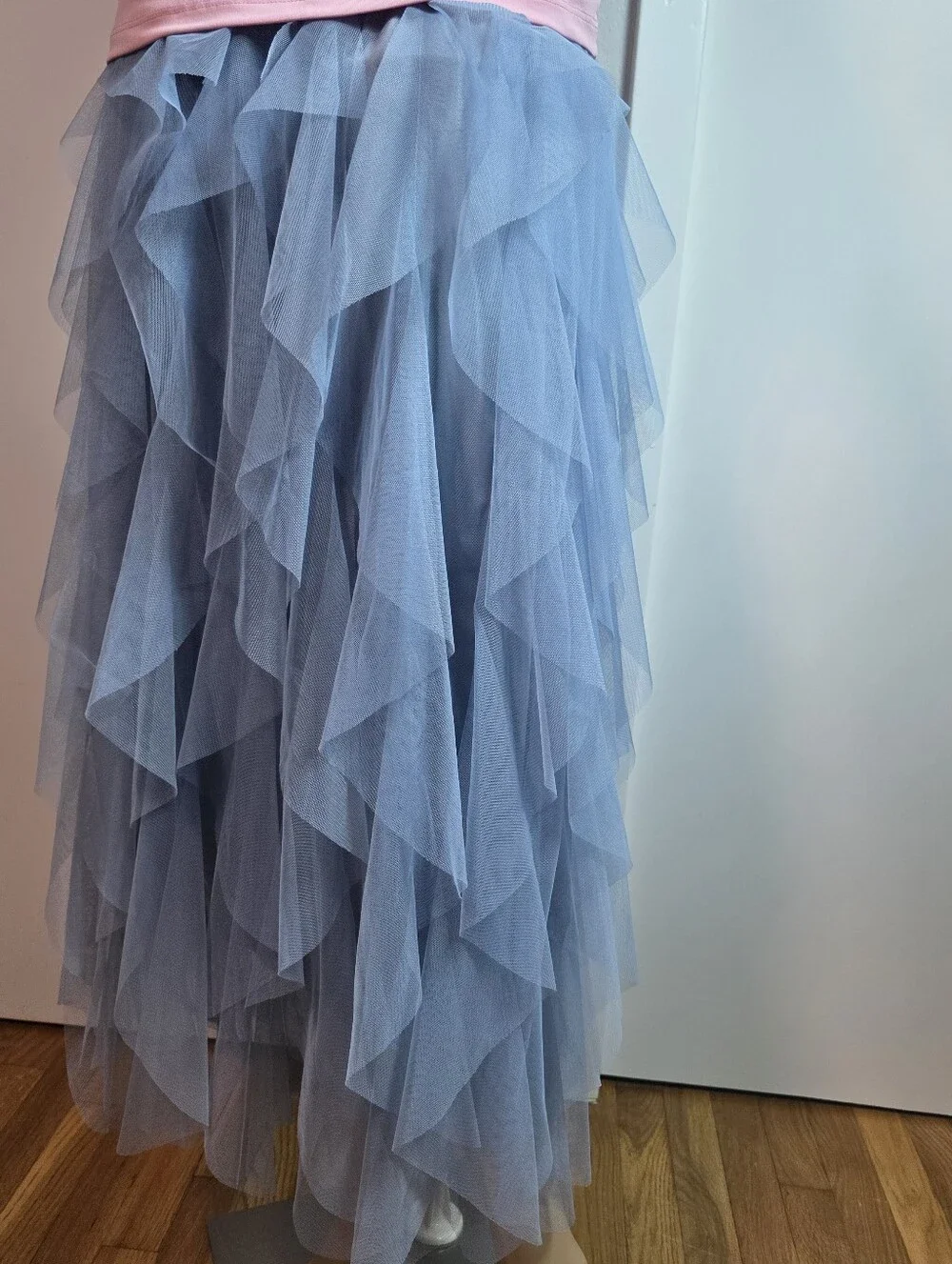 ​Dusty Blue Tiered Tulle Layered Mesh Ruffle Maxi Skirt - Size L